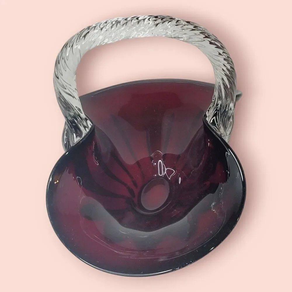 Ruby Red Hand Blown Art Glass Basket Applied‎ Handle Clear Ground Base